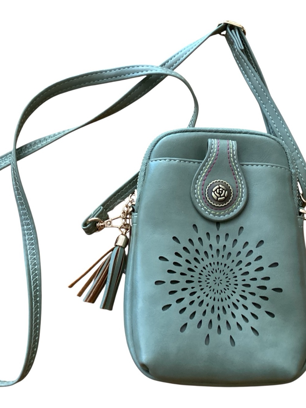 Aphison Teal Crossbody Phone Bag with Laser-Cut Detail New